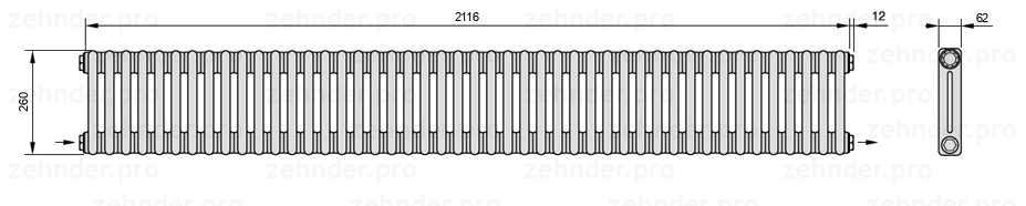 Схема (чертеж) Радиатор Zehnder Charleston 2026/46 №2670 Белый глянцевый RAL 9016